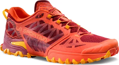 La Sportiva Bushido III Trailrunning-Schuh in leuchtendem Orange und Rot mit gelben Sohlen.