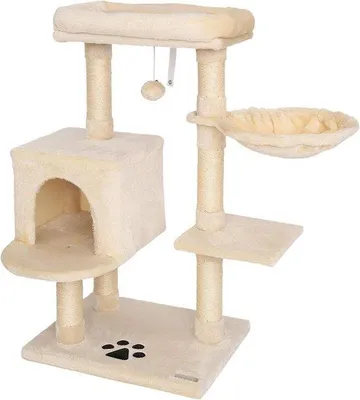 Productafbeelding van Kartonnen krabpaal voor katten - met pluchen bal en wandmontage - 93 cm hoog - sisalstengel en pluchen ligplaats - beige