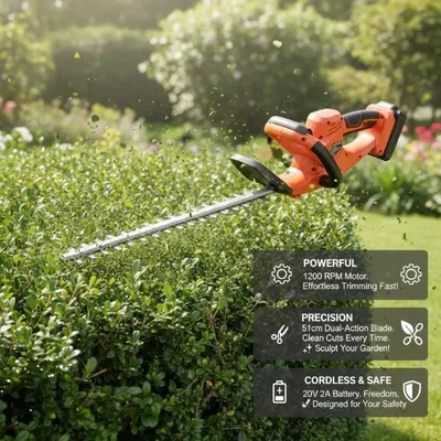 Produktbild von Akku Heckenschere - 20V 2Ah - Doppelschneidige 51 cm Klinge - Kabellos - Leicht und ergonomisch - Orange