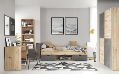 Produktbild von Jugendzimmer-Set "Lupo" aus Spanplatte in Artisan Eiche, Betonoptik Dunkelgrau mit Absetzungen in Betonoptik Dunkelgrau.
