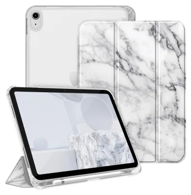 Produktbild von Fintie Hülle für iPad (A16) 11 Generation 11 Zoll 2025, iPad 10 Generation 10.9 Zoll 2022 mit Stifthalter - ultradünne leichte Schutzhülle mit transparenter Rückseite, Auto Schlaf/Wach, Marmor Weiß