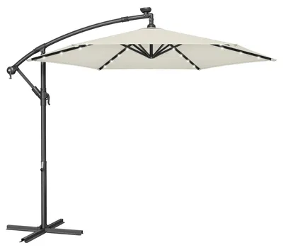 Produktbild von Garten Sonnenschirm - Ampelschirm - 3 m mit Ständer - Bananenform - UPF 50+ Sonnenschutz - 32 solarbetriebene LEDs - Kurbelöffnung - Weiß