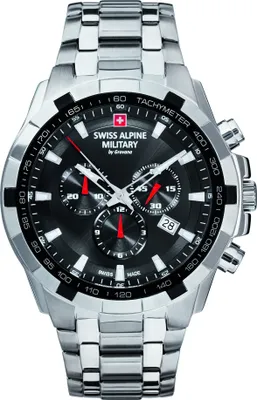 Produktbild von Swiss Alpine Military Herren Armbanduhr Chronograph 7043.9137SAM, Edelstahl, Schwarz, Gehäuse Ø 46mm, Höhe 12mm, Bandbreite 22mm, Schweizer Quarzuhrwerk, 10 ATM
