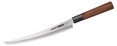 Productafbeelding van Samura OKINAWA Tanto, een 9 inch lang, Japans keukenmes van gehard staal, met dubbele snede, ideaal voor precisiesnijwerk en culinaire perfectie