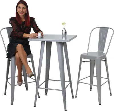 Produktbild von Set Stehtisch + 2x Barhocker HWC-A73, Barstuhl Bartisch, Metall Industriedesign  grau