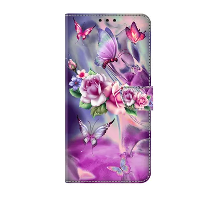 Produktbild von CLM-Tech Handyhülle kompatibel mit Xiaomi Redmi Note 14 4G Hülle - Tasche aus Kunstleder - Klapphülle mit Ständer und Kartenfächern - Schutzhülle Wallet Case Cover lila Blumen Schmetterlinge