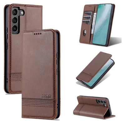 A collage of images showing a brown leather flip wallet case for a Samsung Galaxy S22 5G phone from multiple angles.