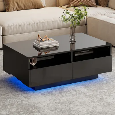 Produktbild von Couchtisch mit 4 Schubladen und 16 Farben LED Lichter Hochglanz Tisch Beistelltisch Wohnzimmertisch für Wohnzimmer