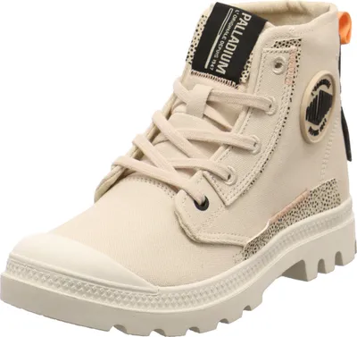 A single beige Palladium Pampa boot is shown against a white background.