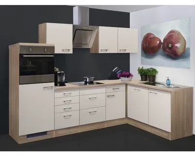 Obrázok produktu pre Rohová kuchynská linka so spotrebičmi Flex Well Nepal 280 cm farba čela kašmírová lesklá farba korpusu sonoma dub