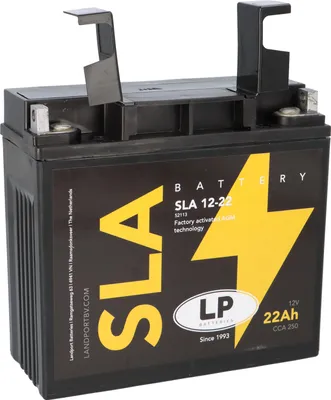 A black battery with yellow accents and text labels.