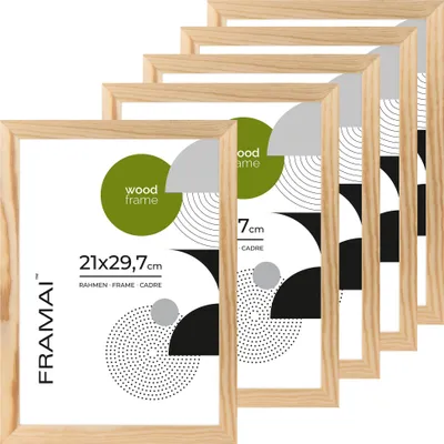 A set of five wooden picture frames arranged diagonally, with some marketing text and graphics on the front of the frames.