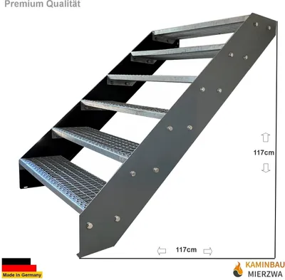 Produktbild von Gitterrost Stahl Wangentreppe 6 Stufen Verzinkt & Anthrazit Pulverlackierte Wangen - (L x B x H) 120cm x 140cm x 114cm