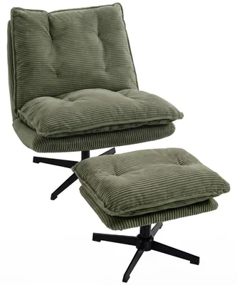 Produktbild von Loungesessel mit Hocker, 360° drehbar, Cordbezug, höhenverstellbare Fußstütze, Grün