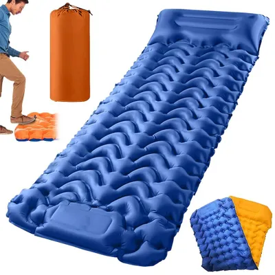 Produktbild von Campingmatte mit Kissen - Schlafmatte - PVC - 190 x 70 x 15 cm - Verbindbar - Seitenschnalle - Blaugrau