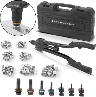 A product shot of a blind rivet gun set, including the tool, various rivets, and a storage case. A close-up inset shows the tool in use.