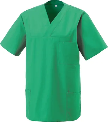 A green scrub top with short sleeves and a V-neck is displayed against a white background.