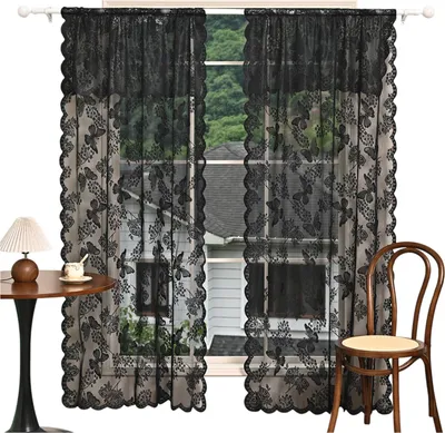Produktbild von 2 Stück Vorhang aus Spitze, Bestickt Gardine mit Schmetterling & Blumenmuster, Schwarz 100 x 200 cm