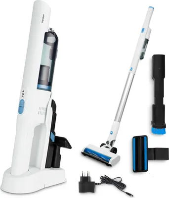 A white cordless vacuum cleaner and its accessories are displayed against a white background.