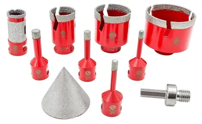 Produktbild von Diamant Fliesenbohrer Set 10 Stück für Fliesen Porzellan Keramik Marmor inkl. Fasenbohrer Fingerfräser Adapter