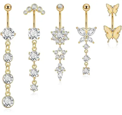 Productafbeelding van Set van 5 buikpiercings, hangend, van chirurgisch staal, goudkleurig, met zirkonia, waterdicht