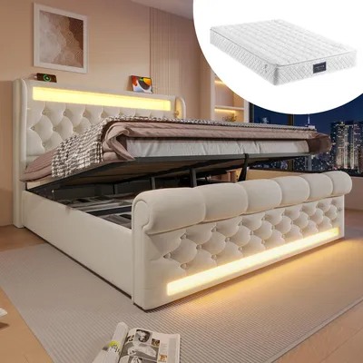 Immagine prodotto di Letto imbottito matrimoniale 160x200cm, con luci LED, testiera contenitore, letto contenitore idraulico, beige, (con materasso)