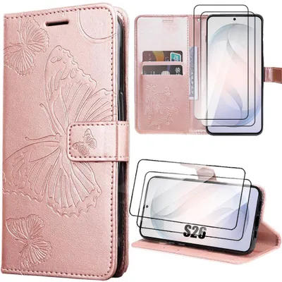 Image de Coque + 2 Verres Trempés pour Samsung Galaxy S26, Protection Antichoc Anti-Rayures Effet Cuir Rose Motif Papillon