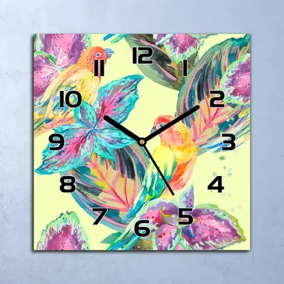 Produktbild von Wanduhr Echt-Glas-Küchenuhr Bunte Papageien Quarz Lautlos 30x30 Deko Bilder