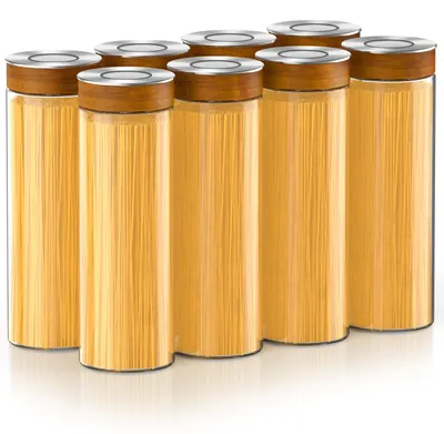 Productafbeelding van Arendo voorraadpotten, set van 8, elk 1700 ml, gemaakt van borosilicaatglas met een luchtdichte vacuüm-klikdeksel. RVS-deksel met siliconenafdichting. Voorraadcontainers, 8 stuks, transparant