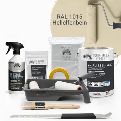 Produktbild von WO-WE Komplettset 2K Fliesenlack Renovierungsset für Küche, Badezimmer, Wand- & Bodenfliesen Hellelfenbein 5Kg