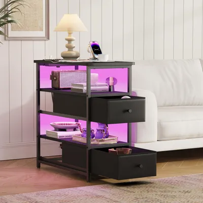 Productafbeelding van UnboxG: Zwarte nachtkastje met 2 lades van stof, LED-sfeerverlichting, USB- en Type-C-oplaadpoorten. Praktisch nachtkastje voor de slaapkamer
