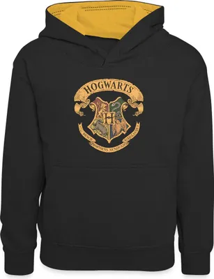 Produktbild von Spreadshirt Harry Potter Hogwarts Wappen Kinder Kontrast-Hoodie, S (5/6 Jahre), Schwarz/Gold