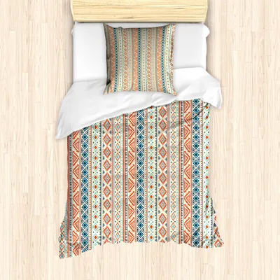 Produktbild von ABAKUHAUS afrikanisch Mantele, Folk Borders, Milbensicher Allergiker geeignet mit Kissenbezügen, 135 cm x 200 cm - 80 x 80 cm, Orange Blue Pale Yellow