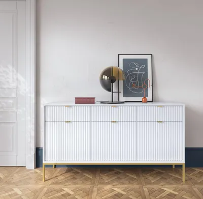Obrázok produktu pre Široká kombinovaná komoda MISHEEL - biela / zlatá