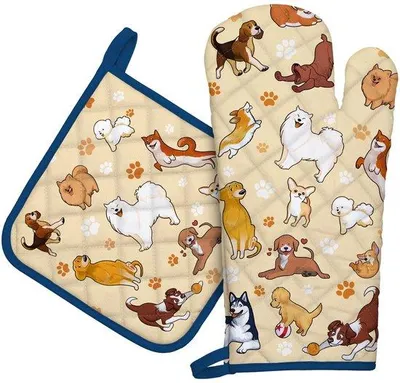 Produktbild von Unyqoos® Ofenhandschuh & Topflappen Set 100% Baumwolle, hitzebeständig bis 260°C, 19×35 cm + 22×22 cm, Cartoon-Hund, Aufhängeschlaufen