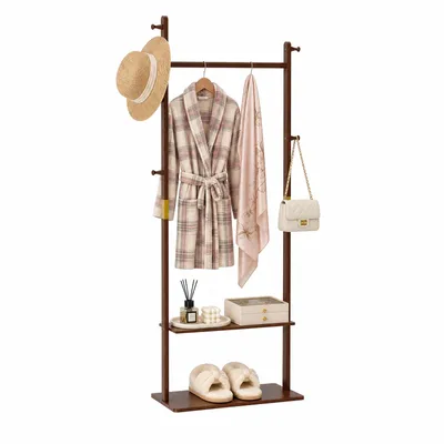 Produktbild von Kleiderständer Massivholz, 162cm Garderobenständer mit Kleiderstange & 5 Seitenhaken, 2 Ablageböden, Freistehende Garderobe für Flur & Schlafzimmer