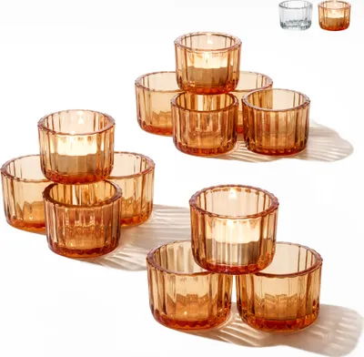 Produktbild von Praknu Teelichthalter Glas Klein für Tischdeko - 12er Set Runde Teelichtgläser - Stabile Kerzenhalter für Heimdekoration & Hochzeit (Gold)