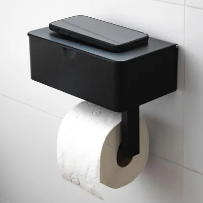 Image de Porte-rouleau de papier toilette à charnière, avec colle spéciale (adhérence extrêmement forte). Comprend un compartiment pour les lingettes humides - Porte-rouleau de papier toilette avec plaque en bois (noir)