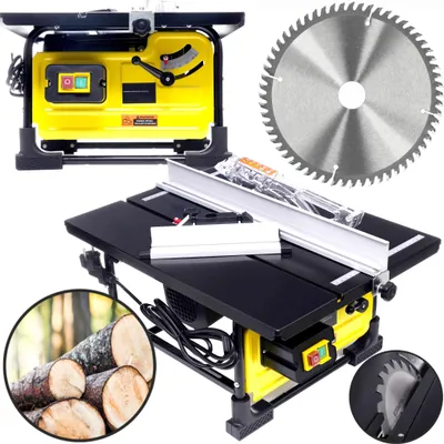 A collage of images showing a table saw, a saw blade, and logs.