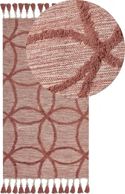Produktbild von BELIANI Teppich Rot Baumwolle 80 x 150 cm Rechteckig Läufer Geometrisches Muster mit Fransen Boho Fußbodenheizug Geeignet Wohnzimmer Schlafzimmer Flur