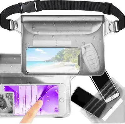 A collage of images showing a waterproof pouch with phones and keys inside, and a hand interacting with a phone.