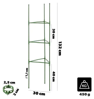 Obrázok produktu pre Držiak na paradajky – podpera pre rastliny – kovový, 132 cm – s klipmi – pre paradajky a popínavé rastliny – balenie 3 kusov – svetlozelená farba