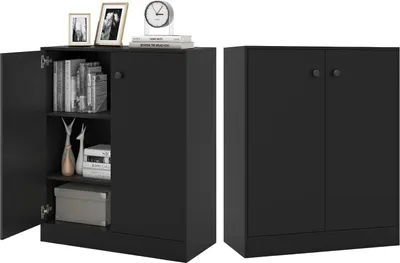 Two views of a black sideboard cabinet. One view shows the doors open, revealing shelves with items. The other view shows the cabinet with doors closed.