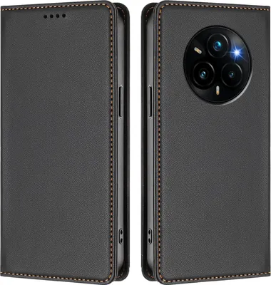 Image de Étui en cuir pour Realme 14 Pro+ 5G, étui à rabat magnétique en cuirPolyuréthaneavec support, noir