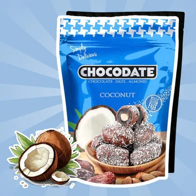 Produktbild von Chocodate Coconut Flavor – Datteln mit Milchschokolade, Mandeln & Kokos (90 g) + Heartforcards Versandschutz