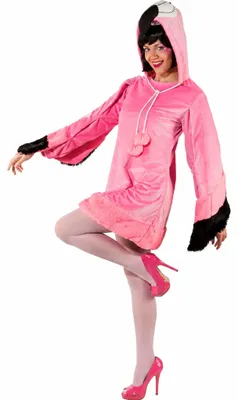 Frau im rosa Flamingo Kostüm Rosalie mit Kapuze, Schnabel, Bommeln und weit ausgestellten Flügelärmeln.