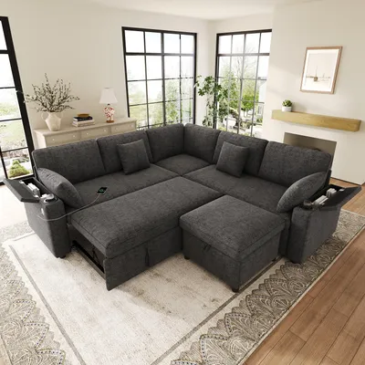 Produktbild von Merax L-förmiges Ecksofa mit Schlaffunktion, 6-Sitzer Schlafsofa mit Hocker, Ausziehbares Sofa mit USB Type-C, Getränkehalter, Chenille, Grau