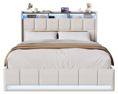 Zdjęcie produktu dla Łóżko tapicerowane - podwójne, 140x200 cm, z pojemnikiem na pościel - oświetlenie LED - podnośnik hydrauliczny - port USB do ładowania - kolor beżowy