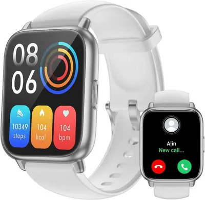 A smartwatch with a white strap is shown, with a smaller inset image of another smartwatch displaying an incoming call.