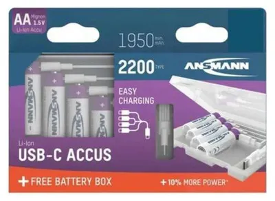 Produktbild von Ansmann 1312-0044, Wiederaufladbarer Akku, AA, Lithium-Ion (Li-Ion), 1,5 V, 4 Stück(e), 2200 mAh